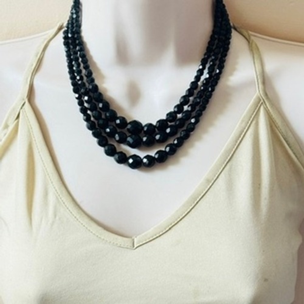 Vtg Laguna Triple Strand Collar bib Necklace Black Crystal Faceted rare 60s 17"L